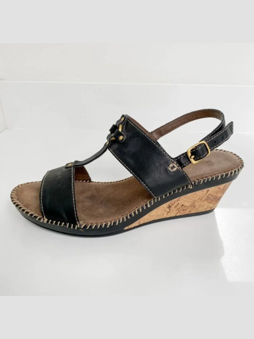SOUL Naturalizer Black Leather Adjustable Strap Wedge Sandals Size 10M